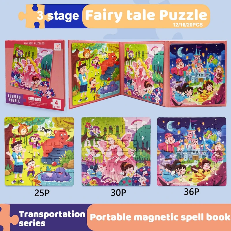 LEVELED PUZZLE - 3 In 1 Phased Magnetic Puzzle , Fairy Tale Puzzles 91 Pcs - STEM Learning- Suitable for Ages 5 Years & Up (Step 4 A)